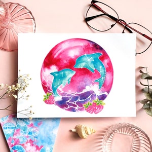 june's strawberry moon dolphin art | A5 WATERCOLOUR ART PRINT | dolphin wall decor, ocean art print, cute strawberry art, beach wall decor