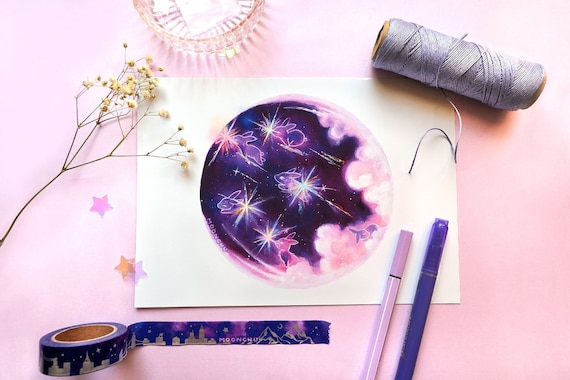 november's frost moon rabbit art | A5 MIXED MEDIA ART | cute bunny art, bunny lover gift, original animal painting, year of the rabbit, lny