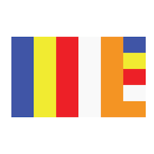 May include: A rectangular flag design with vertical stripes of blue, yellow, red, and white, followed by an orange section with stacked blue, yellow, red, and white rectangles. The flag is set against a white background.