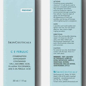 May include: A light blue SkinCeuticals box with the text "PREVENT" and "CE FERULIC" is displayed. The product is a combination antioxidant containing 15% L-Ascorbic Acid, 1% Alpha Tocopherol, and 0.5% Ferulic Acid. It contains 1 fl oz / 30 ml.