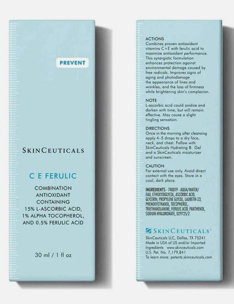 May include: A light blue SkinCeuticals box with the text "PREVENT" and "CE FERULIC" is displayed. The product is a combination antioxidant containing 15% L-Ascorbic Acid, 1% Alpha Tocopherol, and 0.5% Ferulic Acid. It contains 1 fl oz / 30 ml.