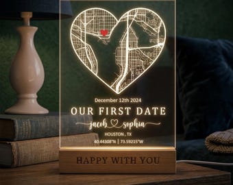Benutzerdefinierte Paar Karte Nachtlicht, personalisiert unser erstes Date Acryl Plaque Licht, Valentinstag Geschenke, wo alles begann Ort Plaque
