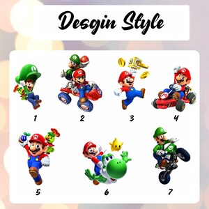 May include: A graphic sheet titled Desgin Style featuring seven numbered illustrations of Mario and Luigi characters. The images show Mario and Luigi in various poses, including driving red karts, riding a motorcycle, jumping with coins, and interacting with a green dinosaur and a yellow star.