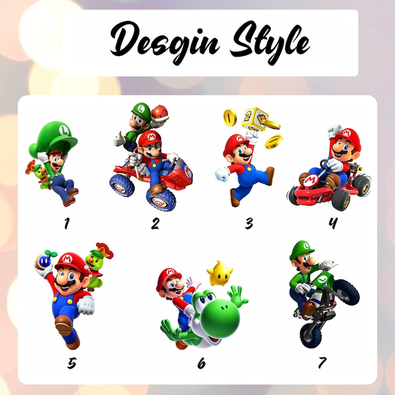 May include: A graphic sheet titled Desgin Style featuring seven numbered illustrations of Mario and Luigi characters. The images show Mario and Luigi in various poses, including driving red karts, riding a motorcycle, jumping with coins, and interacting with a green dinosaur and a yellow star.