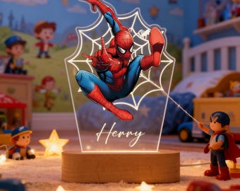 Personalized Spider-Man LED Night Light With Name - Custom 3D Acrylic Lamp For Kids, Boy's Room, Birthday Gift, Superhero Decor, Boy Light