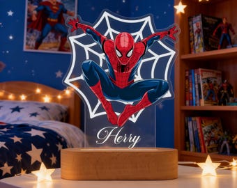 Personalized Spider-Man LED Night Light With Name - Custom 3D Acrylic Lamp For Kids, Boy's Room, Birthday Gift, Superhero Decor, Boy Light
