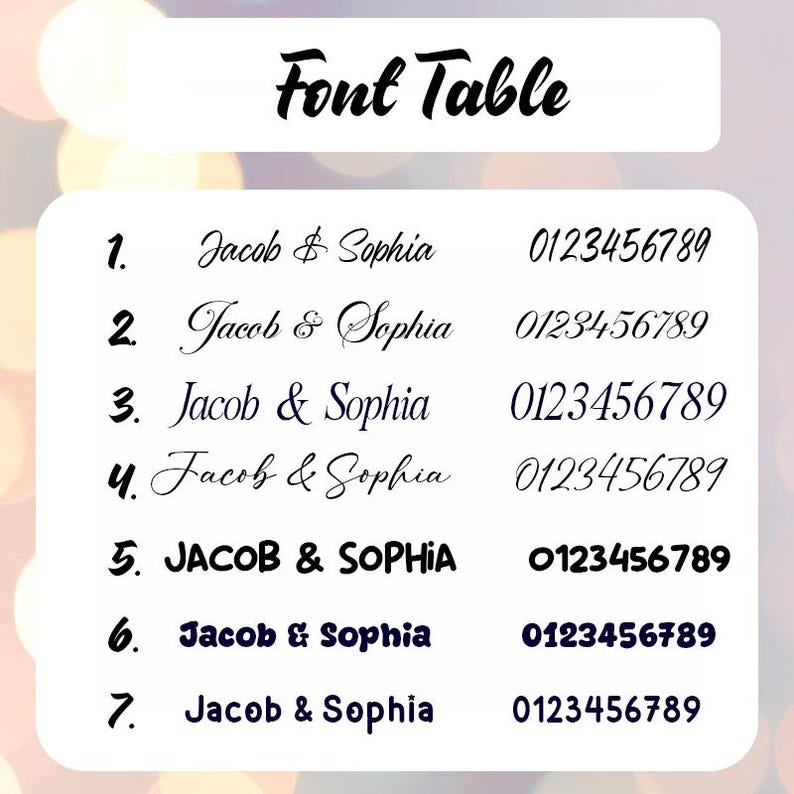May include: A white font table chart displaying seven distinct typography styles numbered one through seven. Each row features the names Jacob & Sophia followed by the numbers 0123456789, showcasing various script, serif, and sans-serif lettering designs.