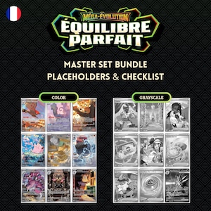 Puede incluir: Imagen de un conjunto de cartas coleccionables "Master Set Bundle", con pantallas de cartas en "Color" y "Escala de grises". Las cartas presentan ilustraciones y el texto "MEGA-EVOLUTION ÉQUILIBRE PARFAIT" en la parte superior.