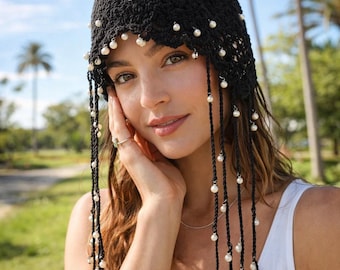 ヘアアクセサリー Romantic Lady Hat Handmade Crochet Pearl Tassel Hat – Bohemian Ethnic Cap - Etsy