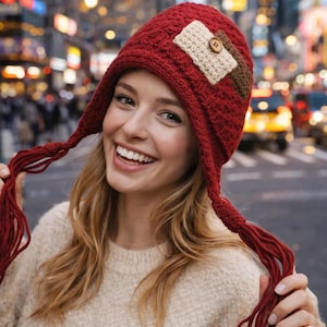 Può includere: Un cappello rosso lavorato a maglia con paraorecchie e nappe. Il cappello presenta una toppa beige e marrone con un bottone di legno. Il cappello è indossato da una persona con i capelli biondi, sorridente davanti a uno sfondo cittadino.
