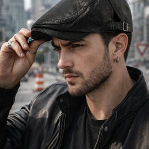 May include: A black leather newsboy cap with a small brim, worn by a person. The cap has a buckle detail on the side. The person is also wearing a black leather jacket. The background shows a city skyline.
