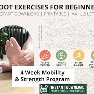 Pode incluir: Um guia digital imprimível intitulado Foot Exercises for Beginners e 4 Week Mobility & Strength Program. Inclui ícones para aliviar a dor nos pés, melhorar a mobilidade, o equilíbrio e apoiar uma vida ativa com texto.