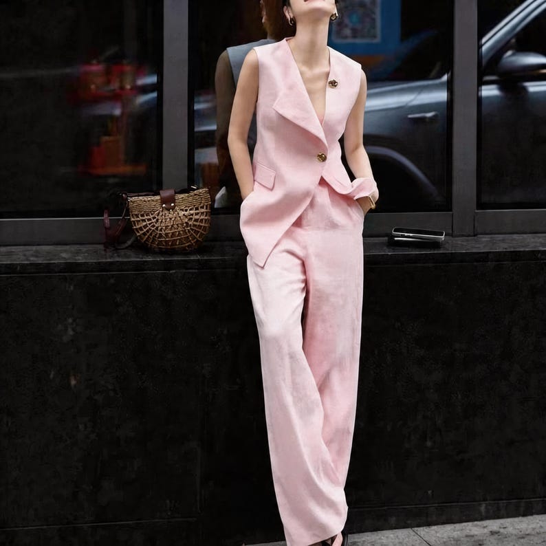 May include: A light pink sleeveless suit, featuring a tailored vest with a single gold button and matching wide-leg pants. A small, decorative pin adorns the vest. A woven handbag with a leather strap is visible in the background.