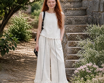 Women 100% Cotton Wide Leg Pants, Boho Summer Loose Pants, Elastic Waist Pocket Pants, Embroidered Ruffle Hem Comfortable Trousers