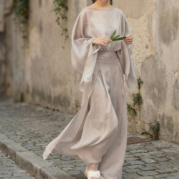Linen Set Women 2 Piece Outfit, Oversized Blouse and Pants Set, Boho Minimalist Linen Outfit, Layered Top Summer Set, Loose Fit Linen Suit