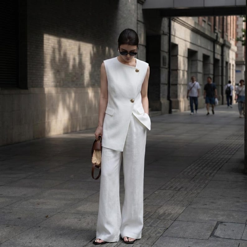May include: A sleeveless white linen suit, featuring a wrap-style vest with a single gold button and wide-leg pants. The outfit is paired with a small brown handbag and black sandals. The ensemble is worn outdoors in a city setting.