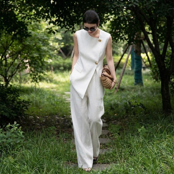 Women Pure Linen Suit Set Vest and Wide Leg Pants High Waist Linen Two Piece Outfit Sleeveless Blazer Set Summer Office Wear