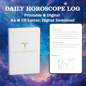 May include: A white Daily Horoscope Log notebook and a digital tablet displaying a daily horoscope entry. The notebook features gold accents and the Aries symbol. The background is a nebula of blues and purples.