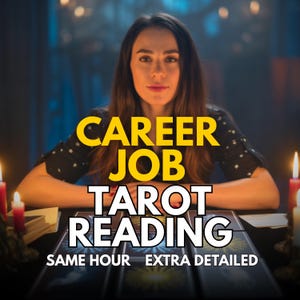 Pode incluir: Uma mulher sentada atrás de uma mesa com cartas de tarot, iluminada por velas. O texto na imagem diz: "CAREER JOB TAROT READING SAME HOUR EXTRA DETAILED."