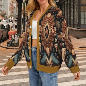 Women's Custom Made From Scratch Navajo Native American Design Ribbed Cardigan Sweater