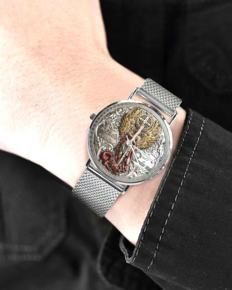 Men's Custom Made 3D St. Michael 40MM All Stainless Steel Monogram Quartz Watch