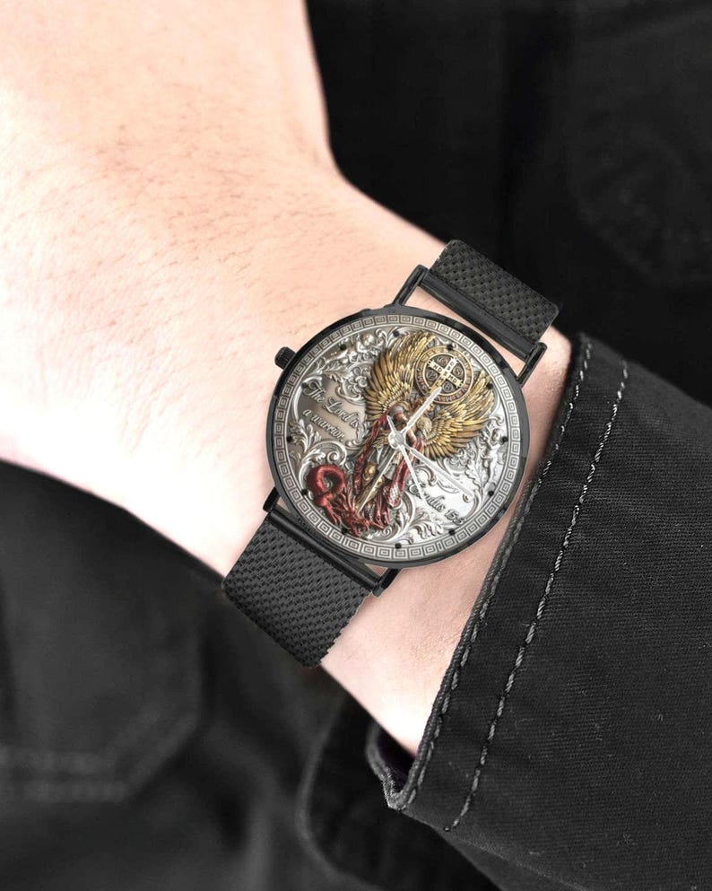 Men's Custom Made 3D St. Michael 40MM All Stainless Steel Monogram Quartz Watch