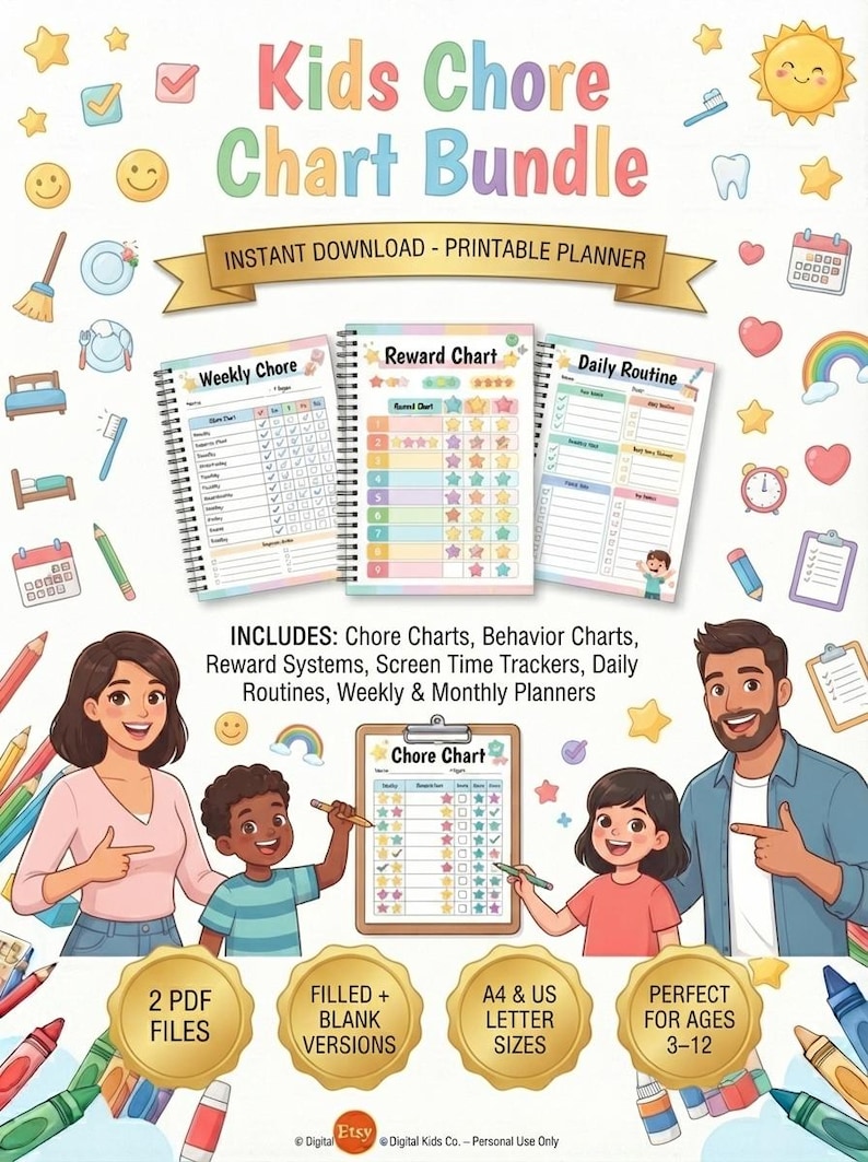 Kids Chore Chart Bundle | Daily Routine, Responsibility, Behavior ...