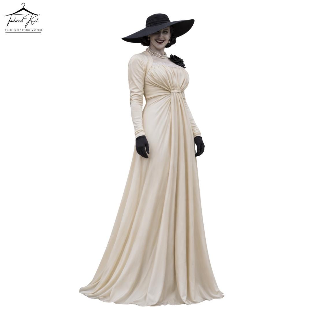 Resident Evil Lady Alcina Dimitrescu Cosplay Dress | White Long Gown with Hat | Halloween Costume