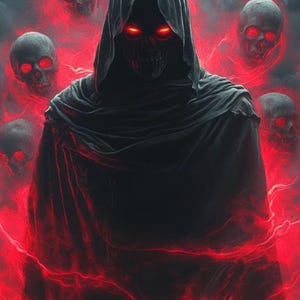 Puede incluir: Ilustración digital de una figura encapuchada con ojos rojos brillantes y rostro esquelético. Rodeada de energía roja y calaveras flotantes, la imagen crea una atmósfera oscura y ominosa, probablemente con temática de fantasía u horror.