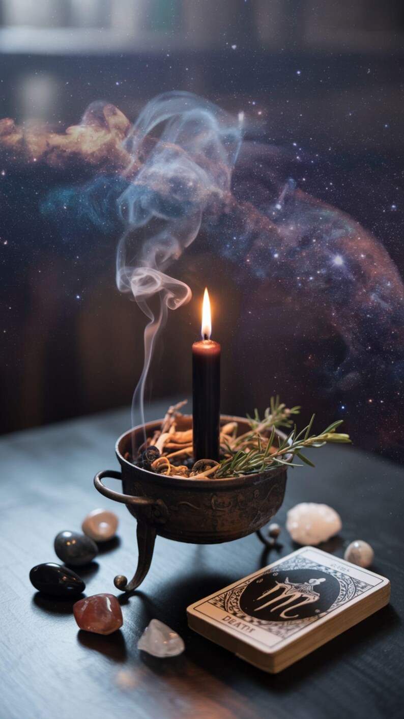 May include: A burning black candle in a bronze bowl with herbs and rosemary. Polished stones and a tarot card deck are placed nearby. Smoke drifts upwards against a starry night sky backdrop.