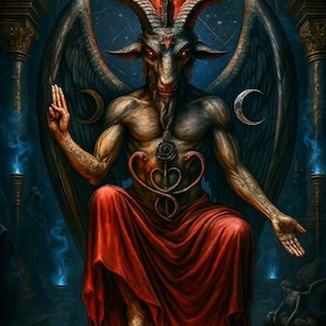 May include: Digital artwork of Baphomet, a goat-headed deity, seated on a globe. The figure has large horns, wings, and a red star on its forehead. It is draped in a red robe, with a flaming torch above its head. The background is dark with celestial elements.