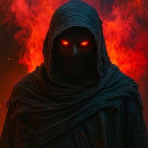 Puede incluir: Imagen de arte digital de una figura encapuchada con ojos rojos brillantes sobre un fondo rojo ardiente. La figura está envuelta en tela oscura, con la capucha ocultando la cara. El tema general es fantasía oscura u horror.