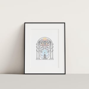 May include: Black framed art print featuring a detailed line drawing of an archway with floral and geometric elements. The artwork includes pastel colors and a central, circular design. The print is displayed on a white background.