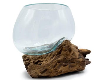 Medium Fused Glass Bowl on Natural Wood Base – Handmade Decorative Bowl