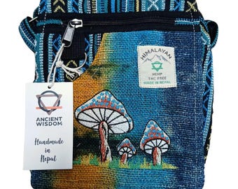 Borsa a tracolla in canapa ricamata – Funghi verdi
