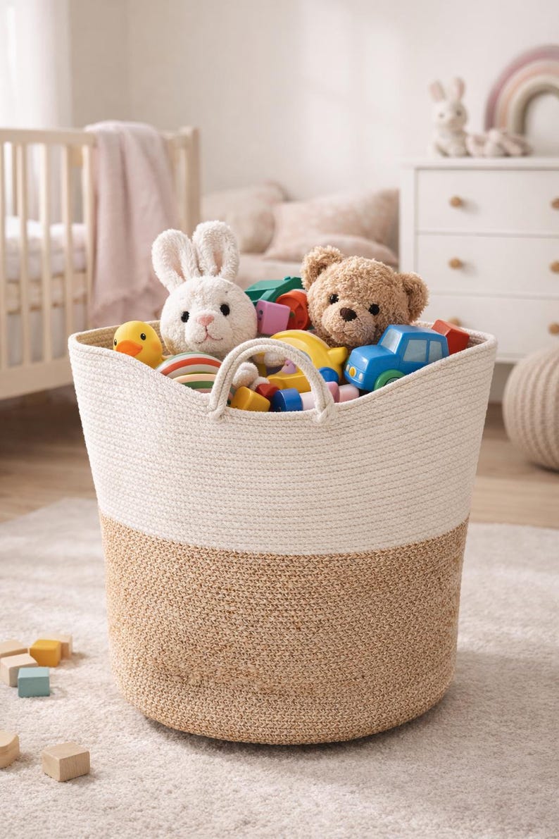 Toy Storage Basket With Handles, Woven Cotton Rope Organizer for Kids ...