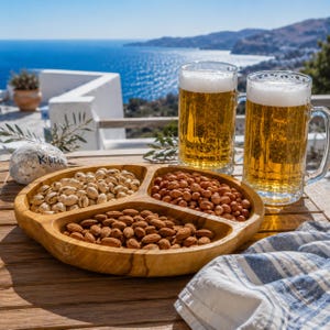 Könnte beinhalten: Ein dreigeteiltes Serviertablett aus Holz, gefüllt mit Pistazien, Haselnüssen und Mandeln, neben zwei gläsernen Bierkrügen mit Schaumkrone und einem weißen Stein mit der Aufschrift Kipce auf einem Holztisch vor blauem Meer.