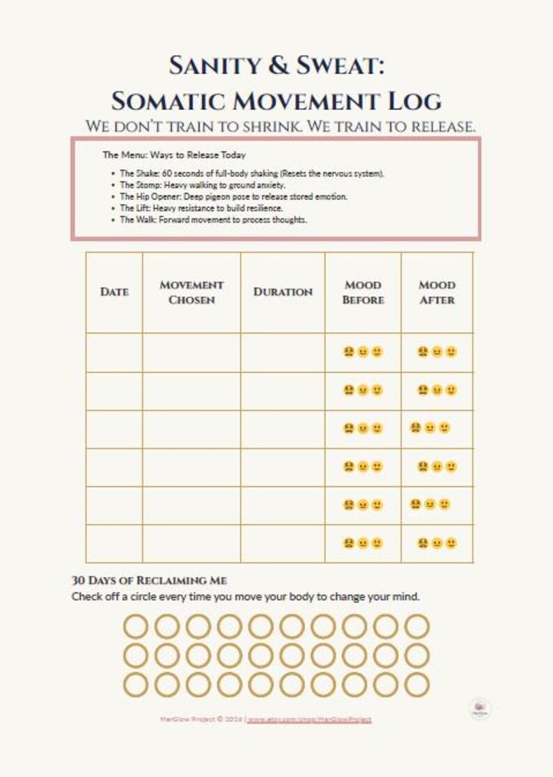 Somatic Workout Tracker PDF | Trauma Release Exercises Log | Nervous ...