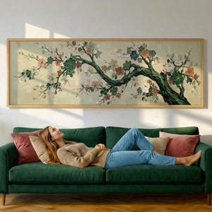 Floral Branch Panoramic Canvas Art | Sage Green Impasto Texture ( 3:1 Ratio )