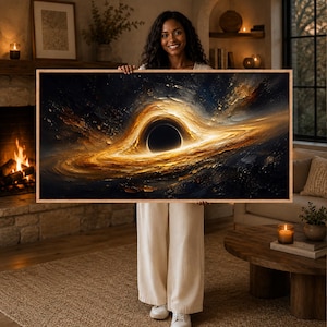 May include: A rectangular wall art piece featuring a textured oil painting of a black hole in deep space. The artwork displays a central dark circular void surrounded by swirling, luminous golden and orange accretion disks against a dark background.