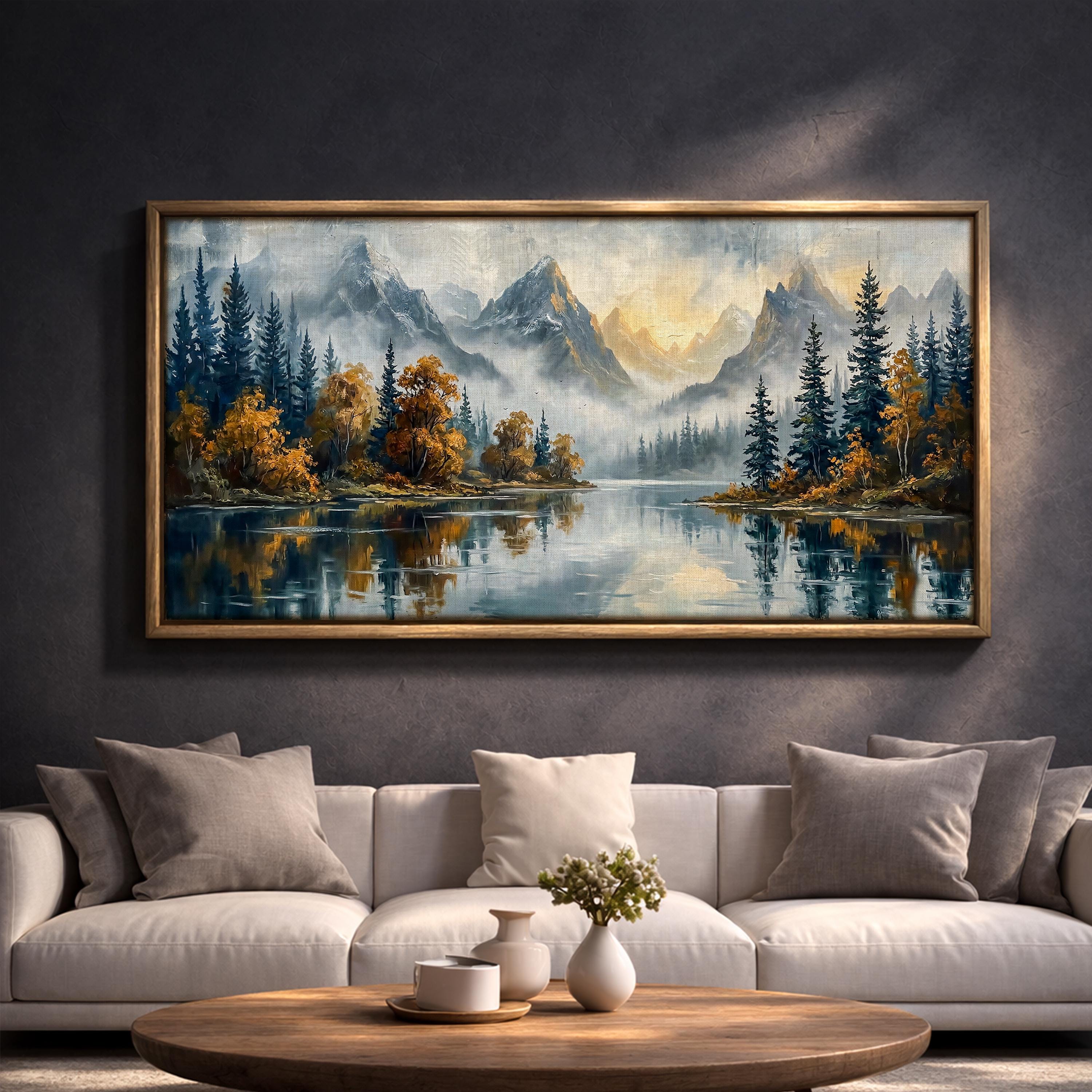 Moody Mountain Lake Landscape Art Print, Misty Forest Panoramic Wall ...