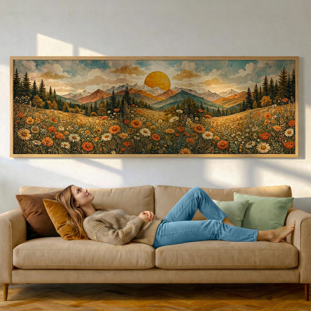 Golden Sunset Mountain Canvas Art | Wildflower Meadow Panoramic Print ...