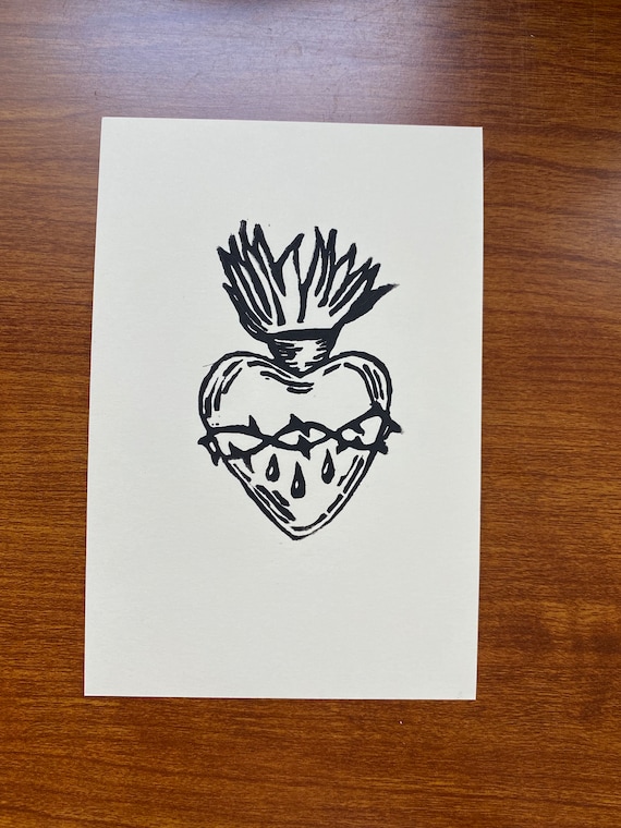 Sacred Heart Linocut Block Print - Etsy
