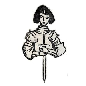 May include: A black and white graphic illustration of a figure with short hair wearing plate armor. The figure is shown from the chest up, holding a long, pointed sword vertically in front of the chest, with the blade extending downward.