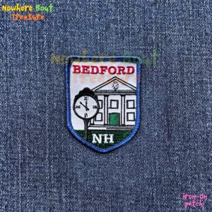 Bedford New Hampshire Patch, Town Landmark Embroidery, Iron On Sew On Hook and Loop Badge, NH Travel Souvenir Gift for Jackets and Bags