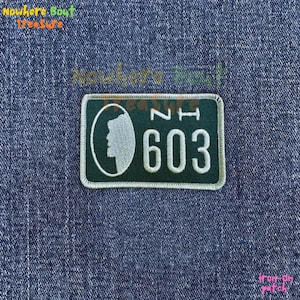 603 New Hampshire Patch, NH License Plate Embroidery, Old Man of the Mountain Badge, Iron On Sew On Hook and Loop Travel Souvenir Gift