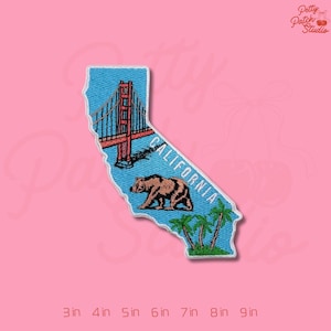 May include: Embroidered patch in the shape of California, featuring the Golden Gate Bridge, a bear, and palm trees. The word "CALIFORNIA" is written across the patch. The patch measures from 3 to 9 inches.
