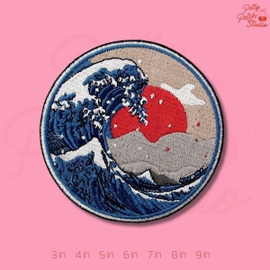 Great Wave Off Kanagawa Patch, Japanese Art Embroidery with Rising Sun, Hokusai Inspired Iron On Badge, Oriental Sea Wave Gift for Jacket