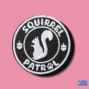 Squirrel Patrol Funny Embroidered Iron On Patch Round Animal Badge for Dog Harness Hats Backpacks Jackets and DIY Pet Accessories