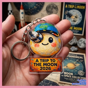 May include: A clear acrylic keychain featuring a smiling moon character wearing a blue and green Earth hat and holding a telescope. The keychain has a silver chain and ring, with the text "A TRIP TO THE MOON 2026".